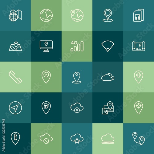 Modern Simple Set of location, cloud and networking, mobile Vector outline Icons. Contains such Icons as  signal,  internet,  sim,  street and more on green background. Fully Editable. Pixel Perfect.
