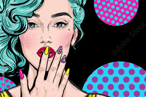 Fashion illustration of girl with hand on mouth in Pop art style.  Party invitation or Birthday greeting card design. Advertising poster of beauty saloon or nail bar.