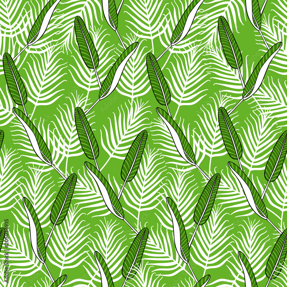 Summer tropical palm leafs pattern vector seamless. Exotic banana leaves texture background. Design for wallpaper, fashion apparel, swimwear fabric, vacation beach party cards or web backdrop.