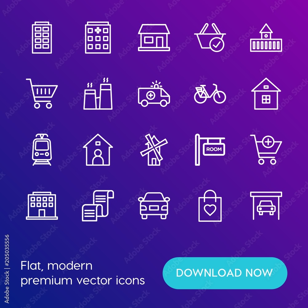 Modern Simple Set of transports, shopping, buildings Vector outline Icons. Contains such Icons as  building,  vehicle, building, basket and more on gradient background. Fully Editable. Pixel Perfect.
