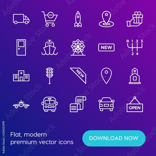 Modern Simple Set of transports, shopping, buildings Vector outline Icons. Contains such Icons as  bus,  transport,  christian,  cart and more on gradient background. Fully Editable. Pixel Perfect.