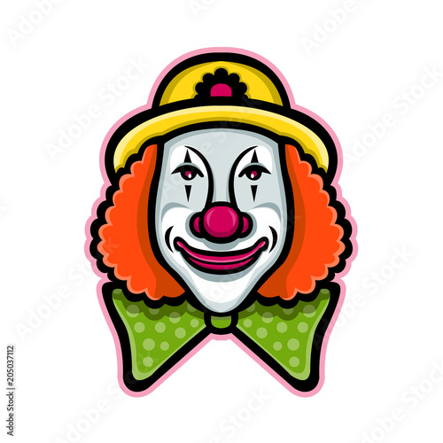 Mascot icon illustration of head of a vintage whiteface circus clown viewed from front  on isolated background in retro style.