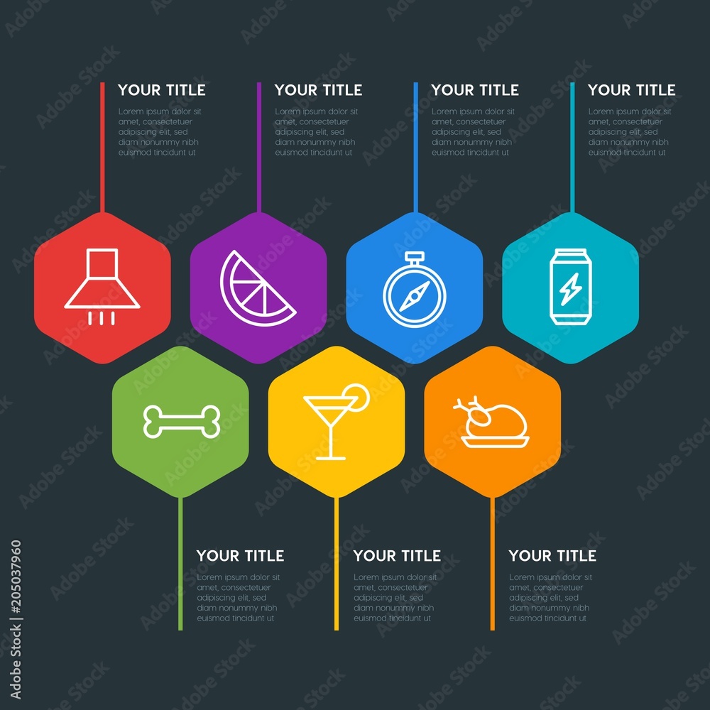 Flat geometric food, drinks, travel infographic steps template with 7 options for presentations, advertising, annual reports Flat geometric food, drinks, travel infographic steps template with 7 options for presentations, advertising, annual reports