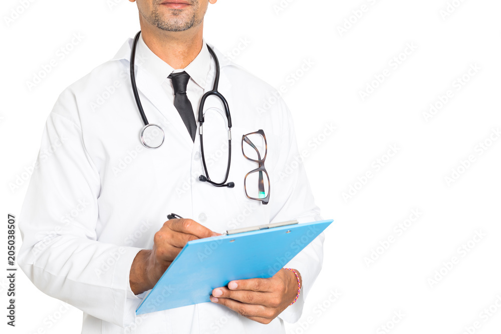 Close up of male medicine doctor writing on clipboard isolated on white background . Medical and healthcare concept Close up of male medicine doctor writing on clipboard isolated on white background . Medical and healthcare concept