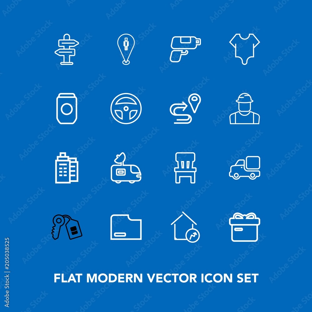 Modern, simple vector icon set on blue background with girl, satellite, van, box, document, building, file, map, sign, gun, way, fashion, direction, pin, travel, present, holiday, business, tv icons Modern, simple vector icon set on blue background with girl, satellite, van, box, document, building, file, map, sign, gun, way, fashion, direction, pin, travel, present, holiday, business, tv icons
