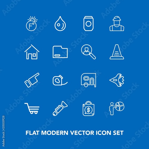Modern, simple vector icon set on blue background with plane, sale, people, businessman, direction, tag, aircraft, temperature, bugle, showing, transport, fahrenheit, van, jazz, friction, retail icons