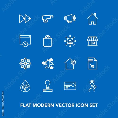 Modern, simple vector icon set on blue background with favorite, aircraft, wheel, flight, home, nautical, cassette, gun, airplane, market, button, ship, travel, apartment, stamp, music, route icons
