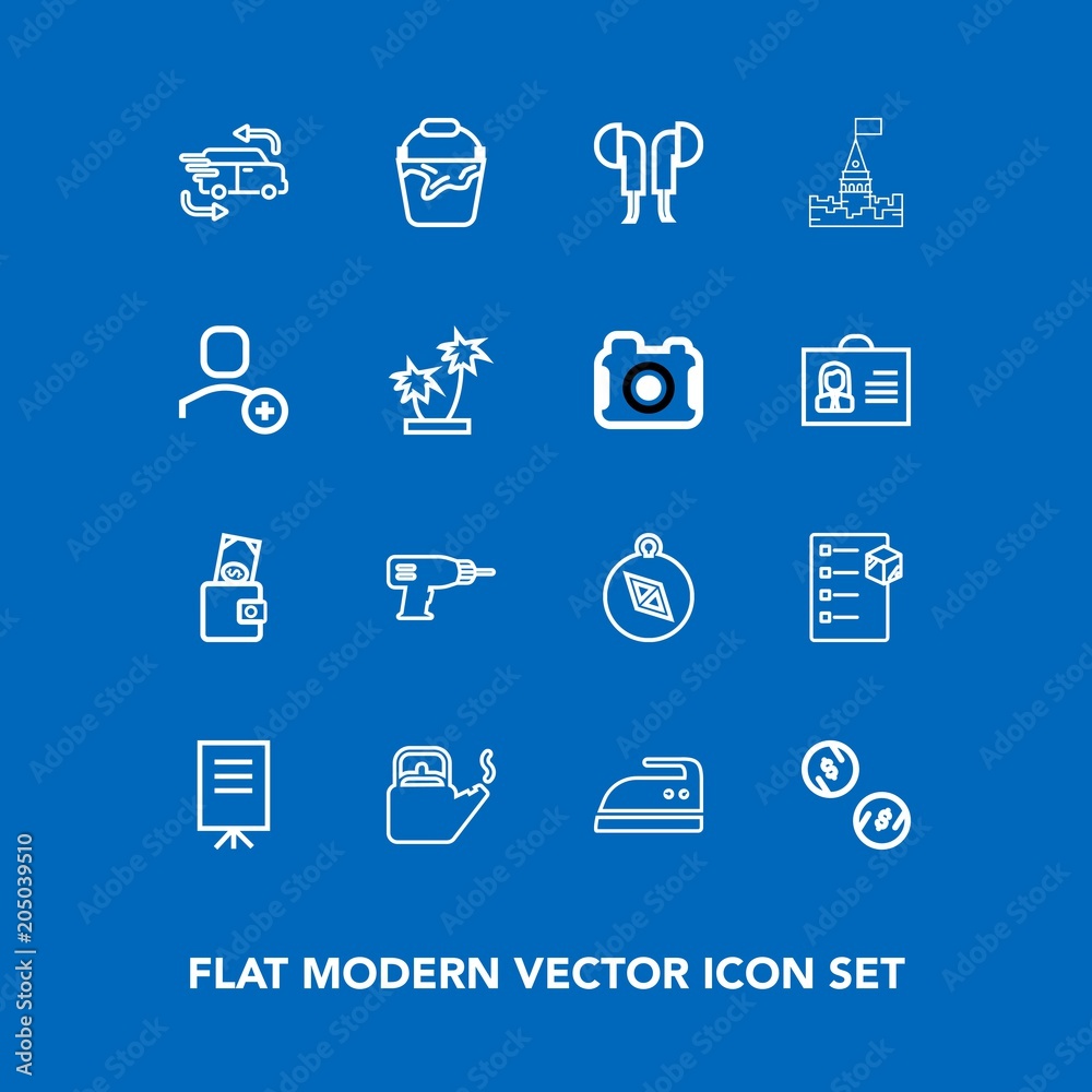 Modern, simple vector icon set on blue background with sound, clothes, businessman, car, north, work, delivery, transportation, container, equipment, money, purse, iron, machine, headset, hot icons