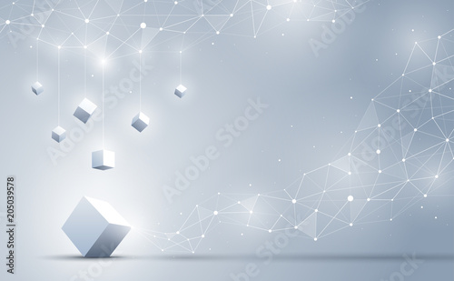 The cubes connecting to abstract geometric polygonal with connecting dots and lines. abstract science and technology background. Big data and Internet connection concept. Vector illustration.