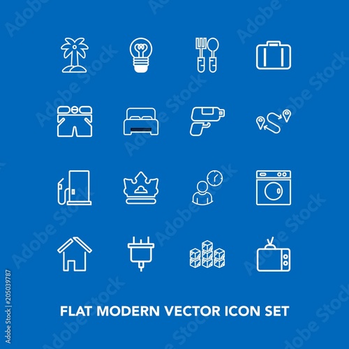Modern, simple vector icon set on blue background with petrol, equipment, lightbulb, warehouse, gasoline, house, screen, royal, king, spoon, industrial, laundry, clock, gas, electric, leaf, fuel icons