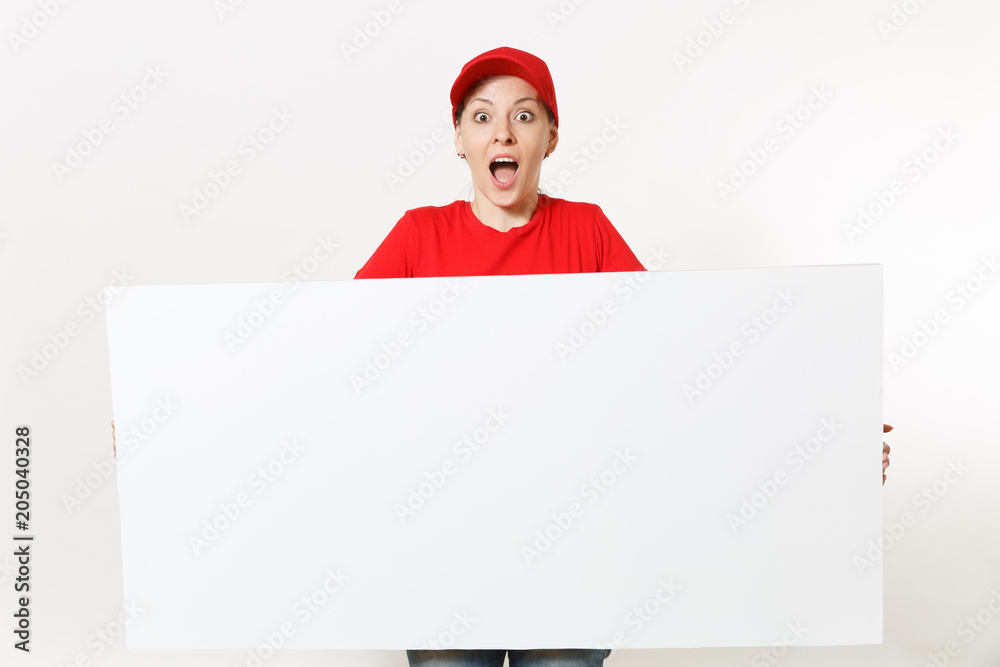 Delivery woman in red uniform isolated on white background. Female courier in cap, t-shirt, jeans holding big white empty billboard. Copy space advertisement. Place for text or image. Advertising area Delivery woman in red uniform isolated on white background. Female courier in cap, t-shirt, jeans holding big white empty billboard. Copy space advertisement. Place for text or image. Advertising area
