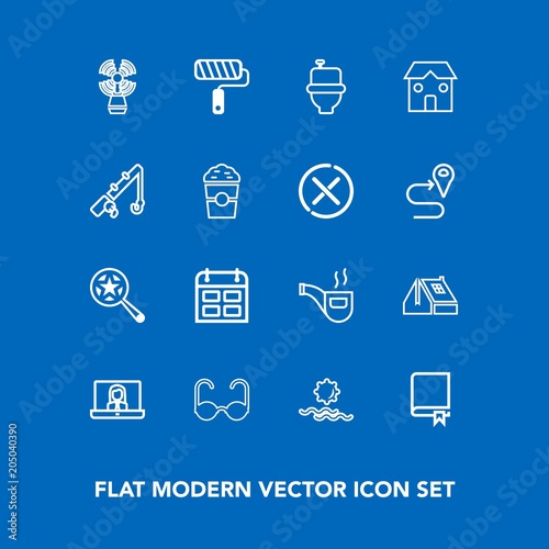 Modern, simple vector icon set on blue background with call, video, internet, toilet, sunrise, nature, vintage, study, morning, seamark, search, sea, house, library, classic, education, roof icons