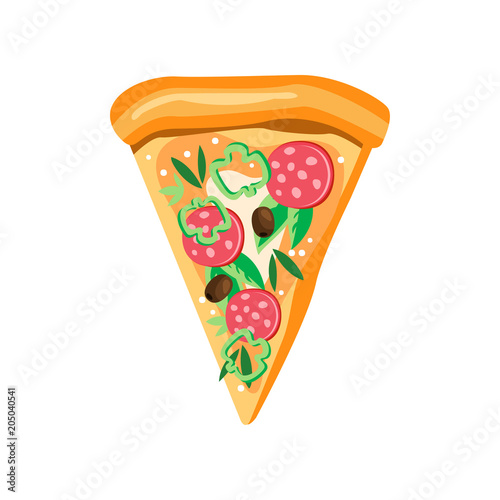 Triangle pizza slice with pepperoni, pepper, olives, mozzarella and basil leaves. Fast food theme. Flat vector icon