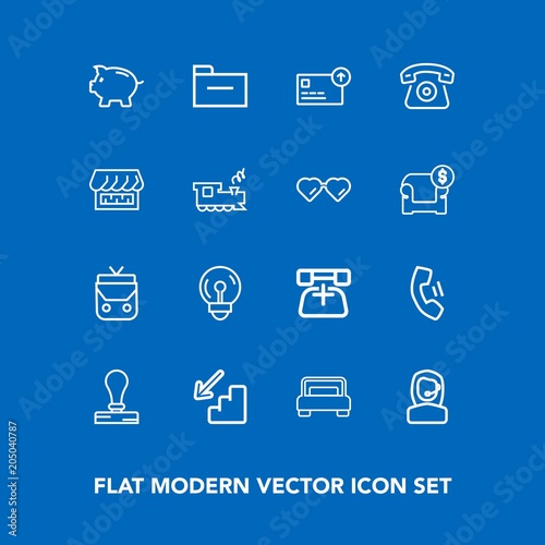 Modern, simple vector icon set on blue background with storage, light, double, office, downstairs, communication, bedroom, telephone, technology, home, cash, up, document, folder, bed, bank, bag icons