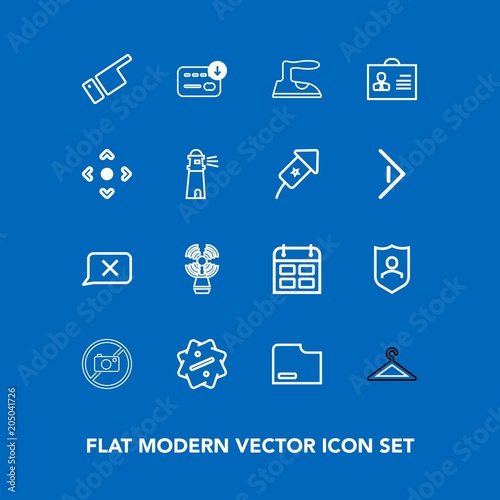 Modern, simple vector icon set on blue background with housework, pointing, label, beacon, security, sea, protection, people, seamark, woman, shop, sack, time, bag, direction, ironing, chat, day icons