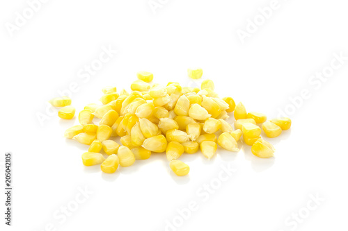 Sweet whole kernel corn on white background.