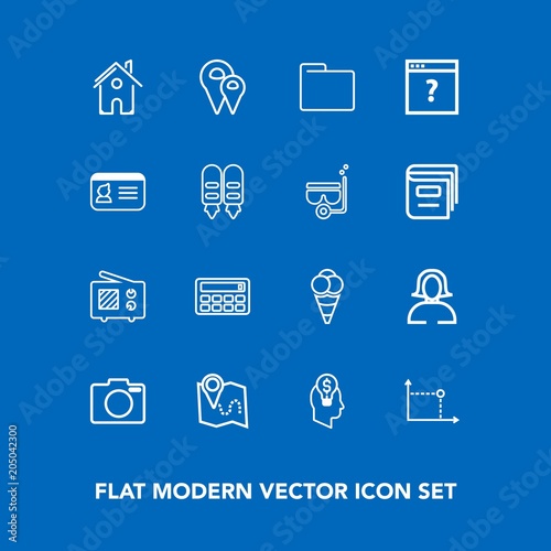 Modern, simple vector icon set on blue background with home, idea, estate, folder, paper, wireless, food, travel, ball, equipment, lens, face, architecture, road, map, ice, house, file, office icons