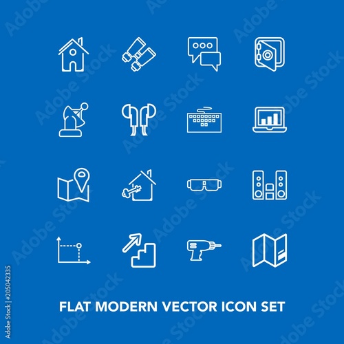 Modern, simple vector icon set on blue background with fashion, player, geometry, music, safety, machine, house, down, security, speech, road, architecture, pin, property, sun, hand, sunglasses icons