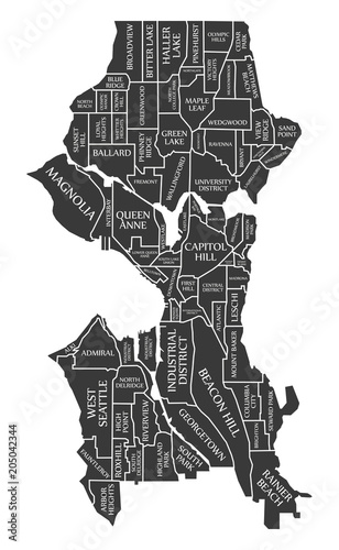 Seattle Washington city map USA labelled black illustration