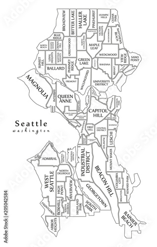 Modern City Map - Seattle Washington city of the USA with neighborhoods and titles outline map