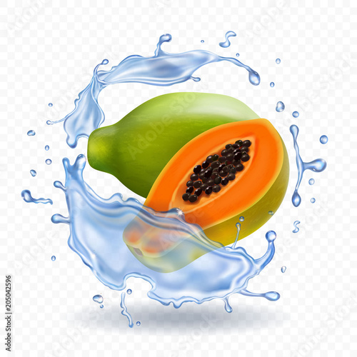 Papaya fruit in water splash realistic vector icon