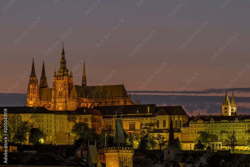 Naklejka premium View on Old Town , Prague Castle Saint Vitus Cathedra. Night scene. Prague, Czech Republic. European travel.
