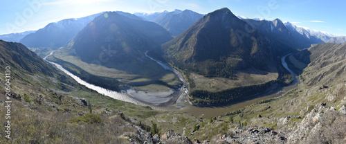 A panorama of mountain rivers merging viewed from high above