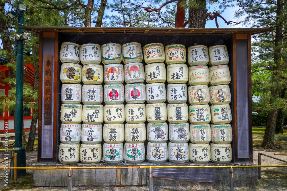 Fototapeta premium Kazaridaru barrels in Heian Jingu Shrine, Kyoto, Japan