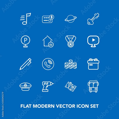 Modern, simple vector icon set on blue background with pen, phone, call, hat, box, industrial, gift, transport, captain, equipment, card, storehouse, credit, melody, planet, drill, tune, money icons