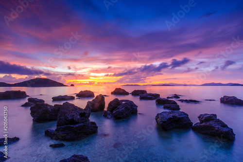 Colorful sunset on the sea in Koh Mak island, Trat province, Thailand.