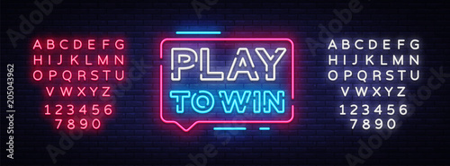 Play to win neon sign. Gambling slogan, Casino, Betting design element, Night neon signboard. Vector illustration. Editing text neon sign