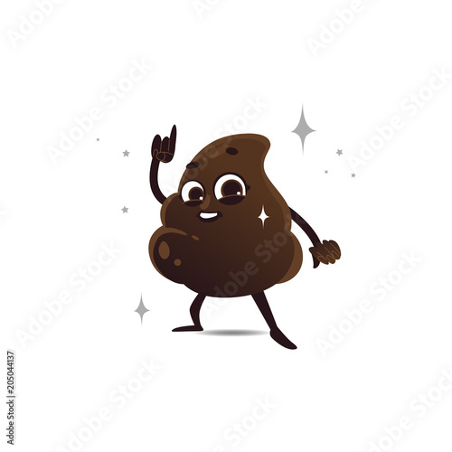 Cheerfu brown poop character with legs and arms dancing with happy facial expression and stars aroung. Funny smilling crap or shit excrement. Vector cartoon isolated illustration.