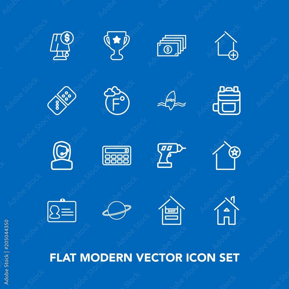 Modern, simple vector icon set on blue background with award, favorite, house, drill, supermarket, equipment, orbit, office, winner, interior, machine, place, space, hand, calculator, store, id icons Modern, simple vector icon set on blue background with award, favorite, house, drill, supermarket, equipment, orbit, office, winner, interior, machine, place, space, hand, calculator, store, id icons