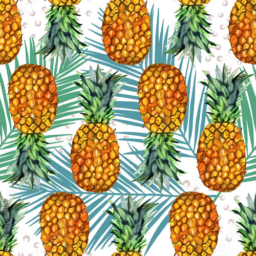 Fototapeta Naklejka Na Ścianę i Meble -  watercolor pineapple illustration seamless pattern with palm leaf. Tropical background
