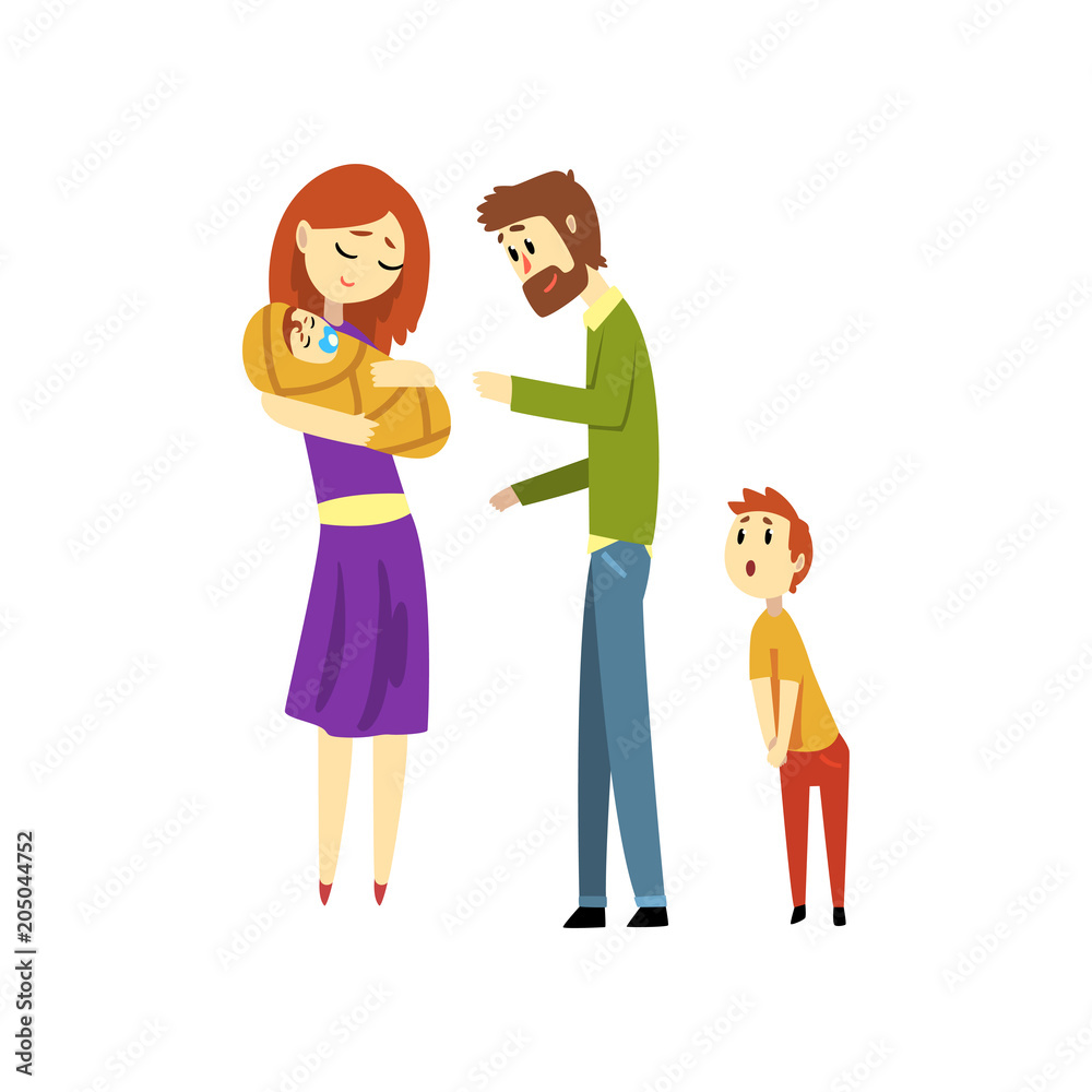 Parents with their two children, young mother holding newborn baby, happy family concept cartoon vector Illustration on a white background Parents with their two children, young mother holding newborn baby, happy family concept cartoon vector Illustration on a white background