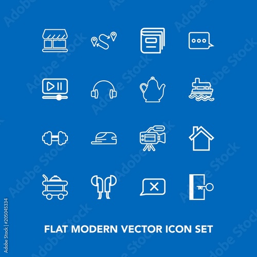 Modern, simple vector icon set on blue background with book, destination, escape, food, door, shop, microphone, exercise, cap, library, map, workout, exit, headset, telephone, point, bed, lens icons