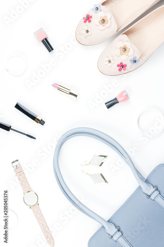Fashion accessories, make up products, shoes and handbag on white background. Beauty and fashion concept, flat lay