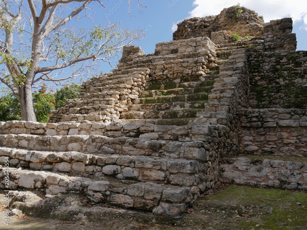 Side view of the stone steps of an old stone pyramid in Limones, one of the Mayan ruins in the village of Limones at Mexico Highway 307 in Costa Maya, Mexico. 