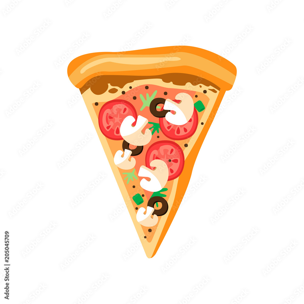 Triangle pizza slice with fresh vegetables and crispy crust. Tasty fast