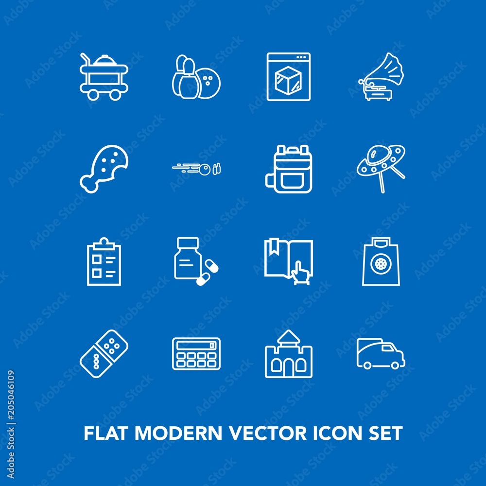 Modern, simple vector icon set on blue background with buy, van, open, list, online, click, retail, pin, checklist, medical, hotel, food, button, tower, fashion, vitamin, domino, vehicle, white icons