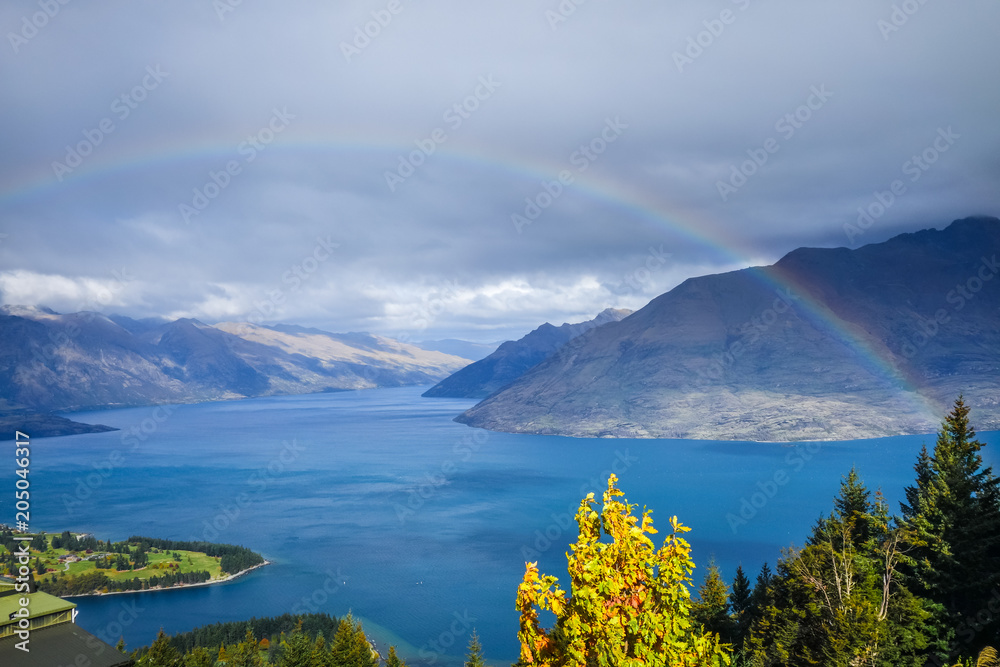 Rainbow on Lake Wakatipu and Queenstown, New Zealand