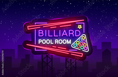 Billiard club neon sign. Billiard pool room Design template Bright neon emblem, logo for Billiard Club, Bar, Tournament. Light banner, night sign for your projects. Vector Illustration. Billboard