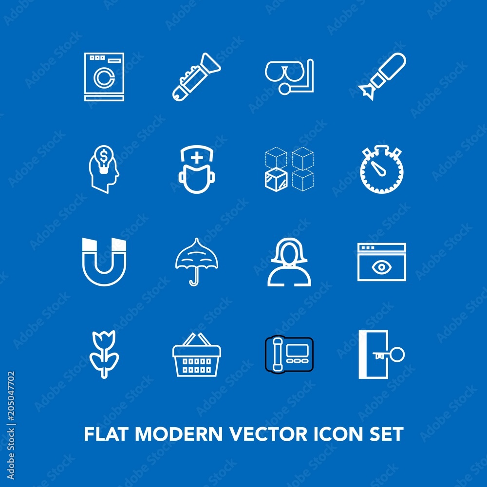 Modern, simple vector icon set on blue background with girl, jazz, trumpet, lady, washer, phone, field, young, musical, basket, protection, umbrella, door, browser, window, escape, appliance icons