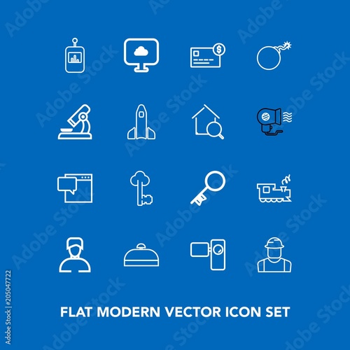 Modern, simple vector icon set on blue background with male, trip, message, retro, video, railway, worker, balance, camera, engineer, transport, bubble, construction, tv, lock, boy, person, chat icons