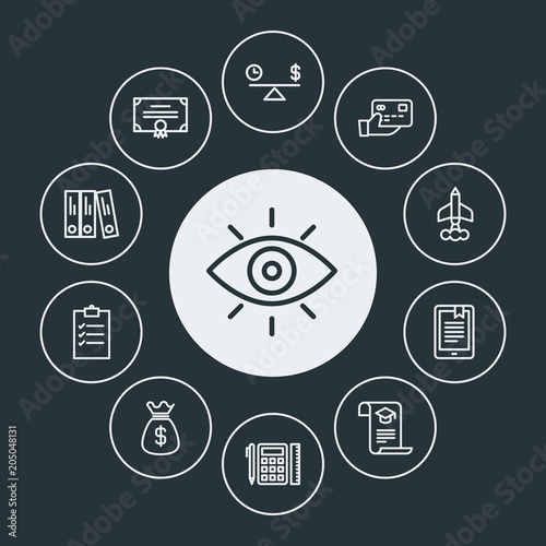 business, education Infographic Circle outline Icons Set. Contains such Icons as  student, time, stipend,  concept, vision,  book,  travel,  paperwork,  tool and more. Fully Editable. Pixel Perfect