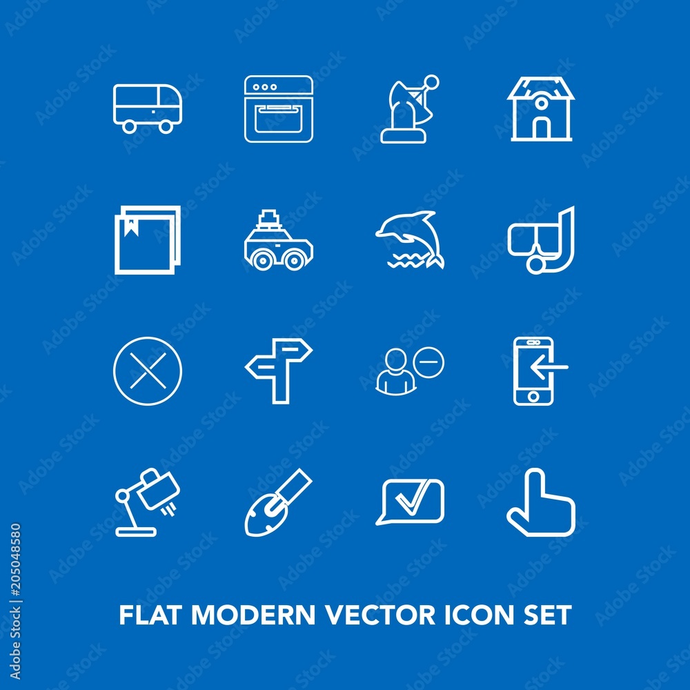 Modern, simple vector icon set on blue background with earth, internet, user, kitchen, delete, chat, oven, architecture, cooking, food, way, equipment, table, close, luggage, phone, estate, road icons