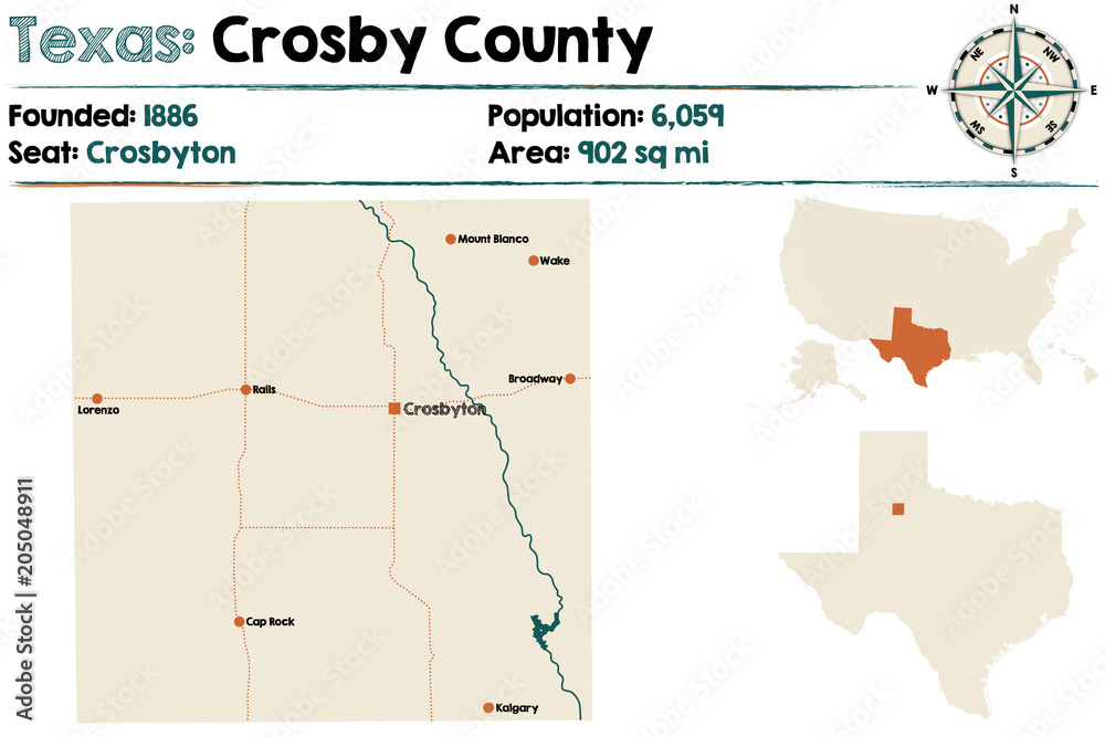 Detailed map of Crosby county in Texas, USA.