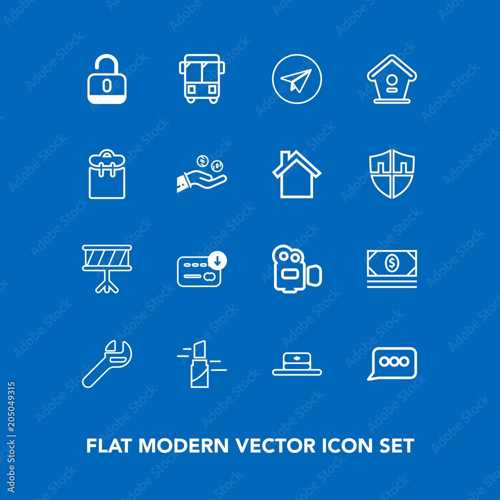 Modern, simple vector icon set on blue background with coin, tool, business, bag, email, beauty, bank, road, transportation, sack, bus, spanner, head, makeup, hat, unlock, equipment, drum, cash icons