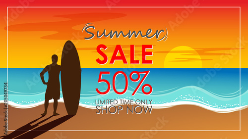 Silhouette of surf man stand with a surfboard with text summer sale for mall or store promotion and marketing. Surfing at sunset beach. Outdoor water sport adventure lifestyle.Summer activity.