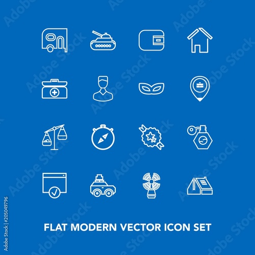 Modern, simple vector icon set on blue background with gun, suitcase, beauty, van, sea, war, tank, army, car, construction, perfume, cash, delivery, seamark, direction, lighthouse, compass, sign icons